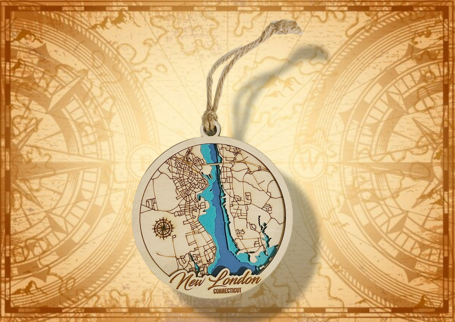 New London Map Ornament - Multilayer Lasercut Street/River Map