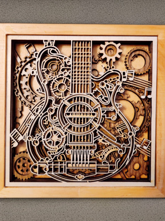 Wood Laser Cut SteamPunk Inspired Guitar Decor, Light Frame 8x8