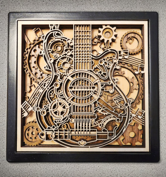 Wood Laser Cut SteamPunk Inspired Guitar Decor, Dark Frame 8x8