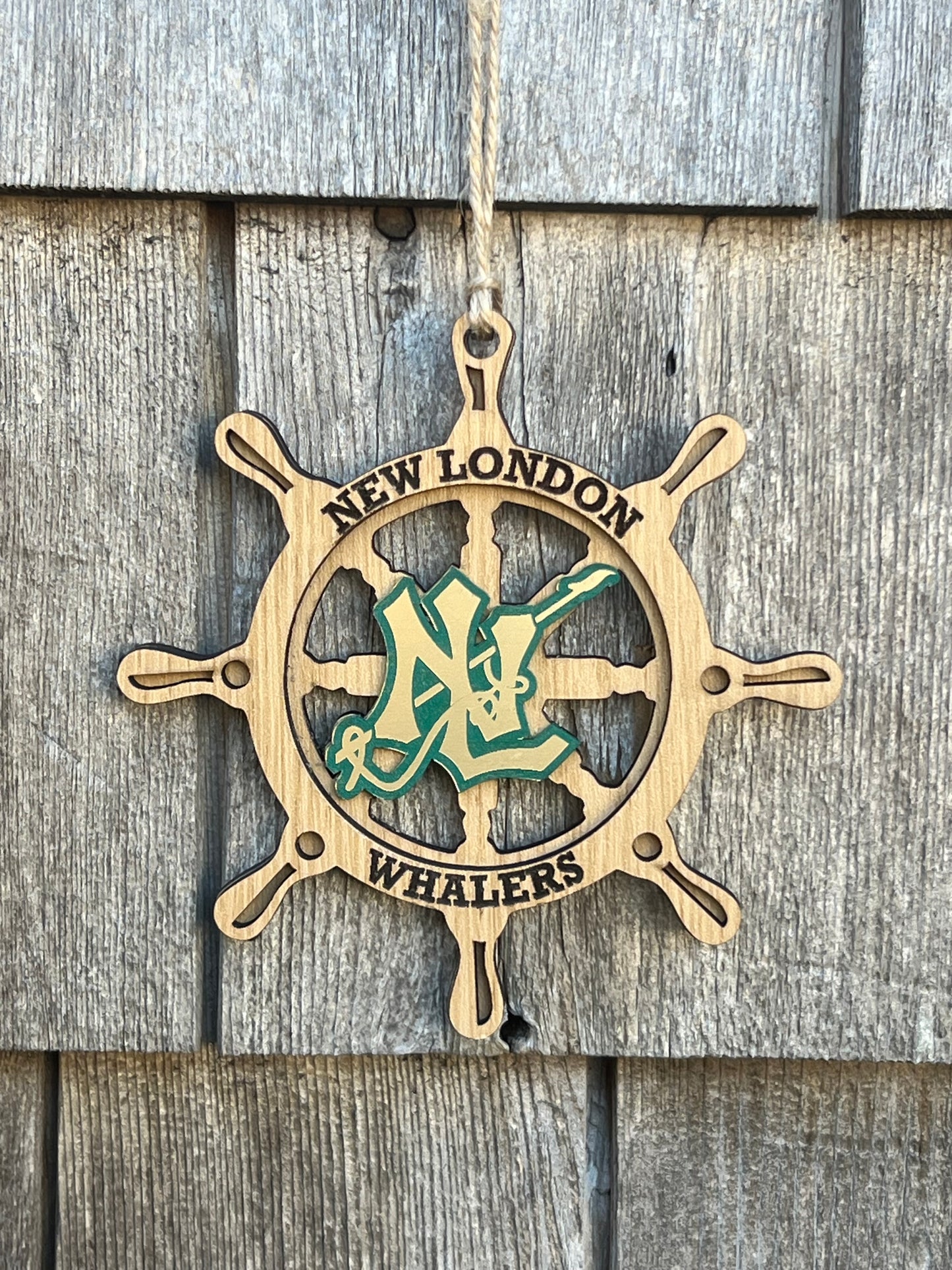 New London Whalers -  NL Harpoon Green & Gold Logo in a Ship Wheel Ornament