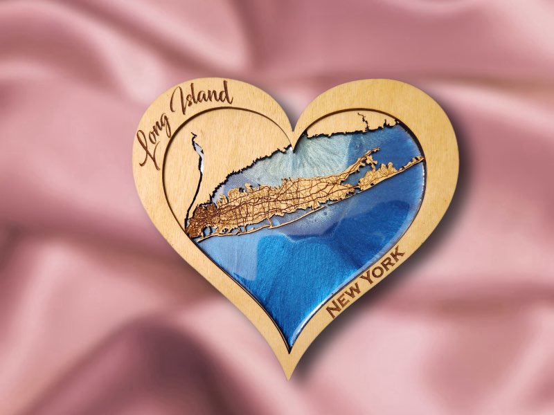 Long Island, NY Hometown Heart - Handcrafted Laser-Cut Wooden Map with Epoxy Resin Water Features, Perfect Valentine’s Gift