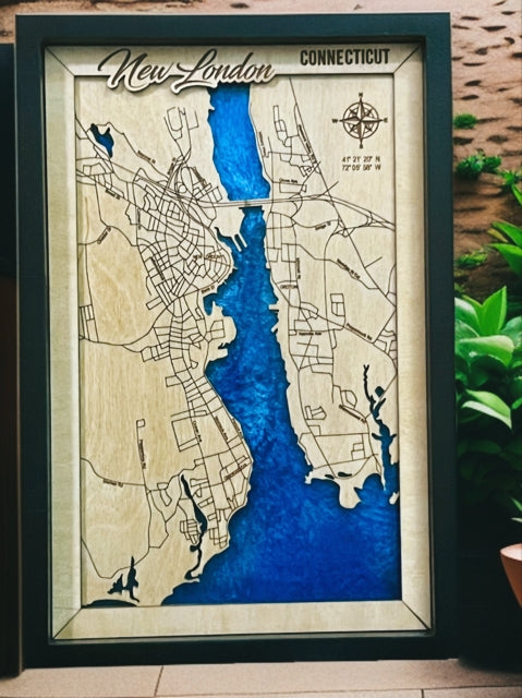 New London CT Handcrafted Laser Cut Wooden Map with Epoxy Resin Water Features