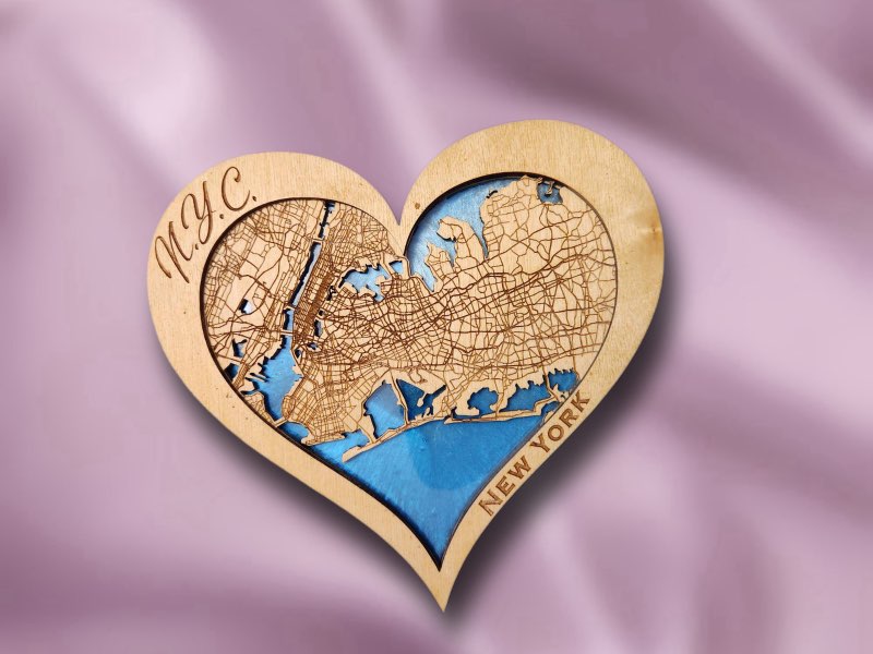 New York, NY Hometown Heart - Handcrafted Laser-Cut Wooden Map with Epoxy Resin Water Features, Perfect Valentine’s Gift