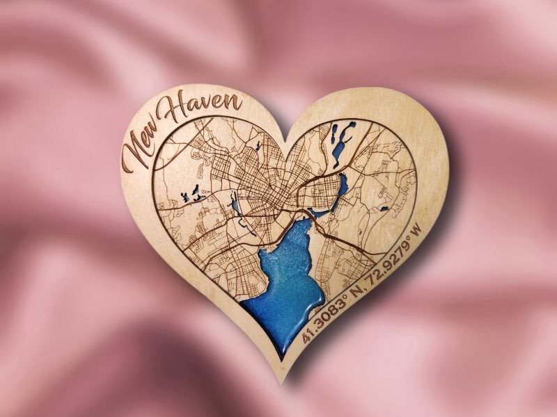 New Haven, CT Hometown Heart - Handcrafted Laser-Cut Wooden Map with Epoxy Resin Water Features, Perfect Valentine’s Gift