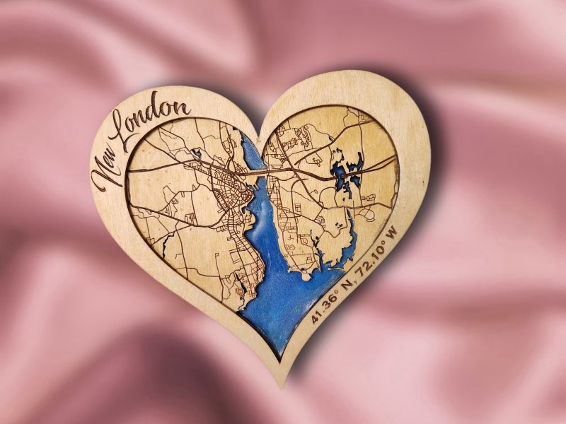 New London CT Hometown Heart - Handcrafted Laser-Cut Wooden Map with Epoxy Resin Water Features, Perfect Valentine’s Gift