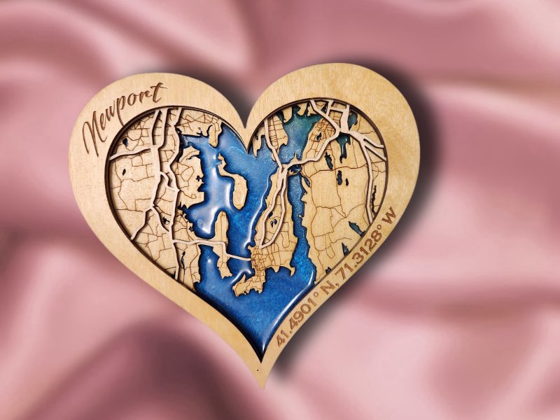 Newport, RI Hometown Heart - Handcrafted Laser-Cut Wooden Map with Epoxy Resin Water Features, Perfect Valentine’s Gift