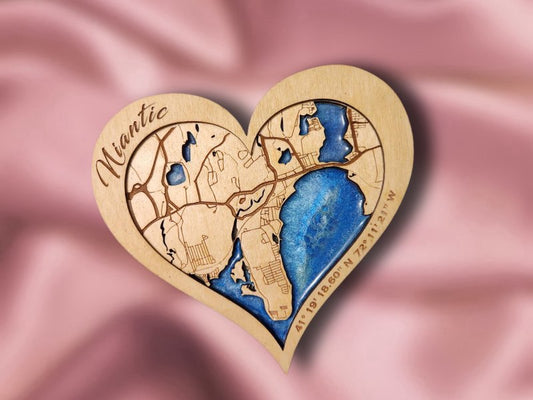 Niantic, CT Hometown Heart - Handcrafted Laser-Cut Wooden Map with Epoxy Resin Water Features, Perfect Valentine’s Gift