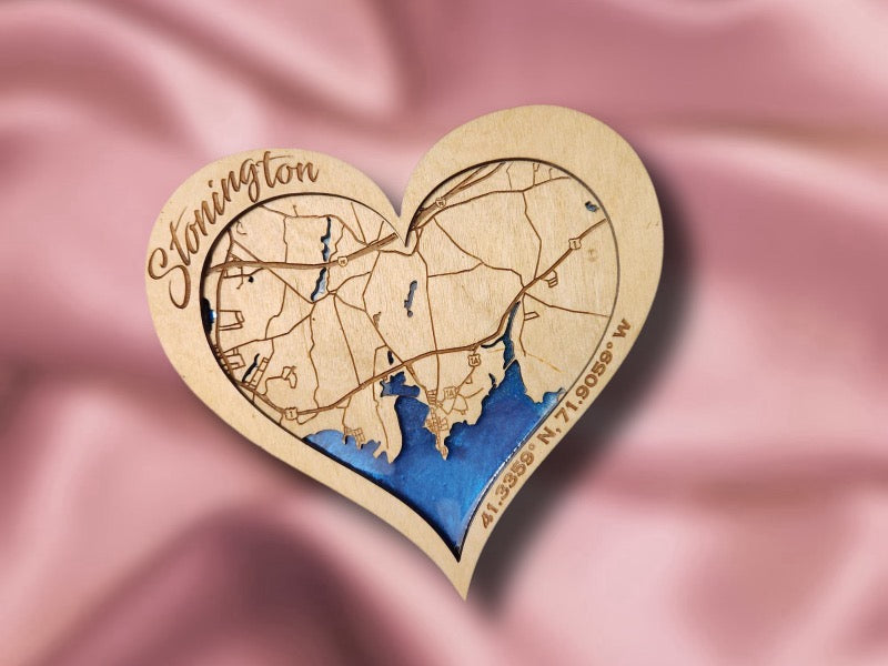 Stonington, CT Hometown Heart - Handcrafted Laser-Cut Wooden Map with Epoxy Resin Water Features, Perfect Valentine’s Gift