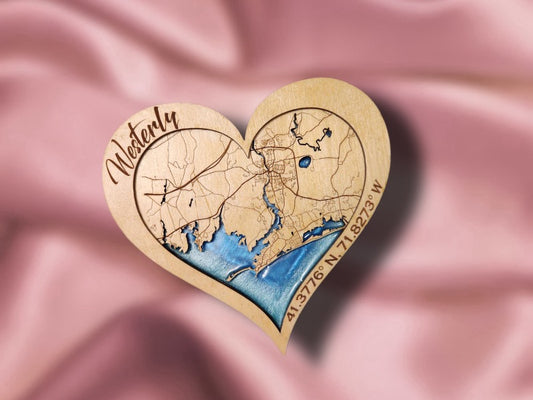 Westerly, RI Hometown Heart - Handcrafted Laser-Cut Wooden Map with Epoxy Resin Water Features, Perfect Valentine’s Gift